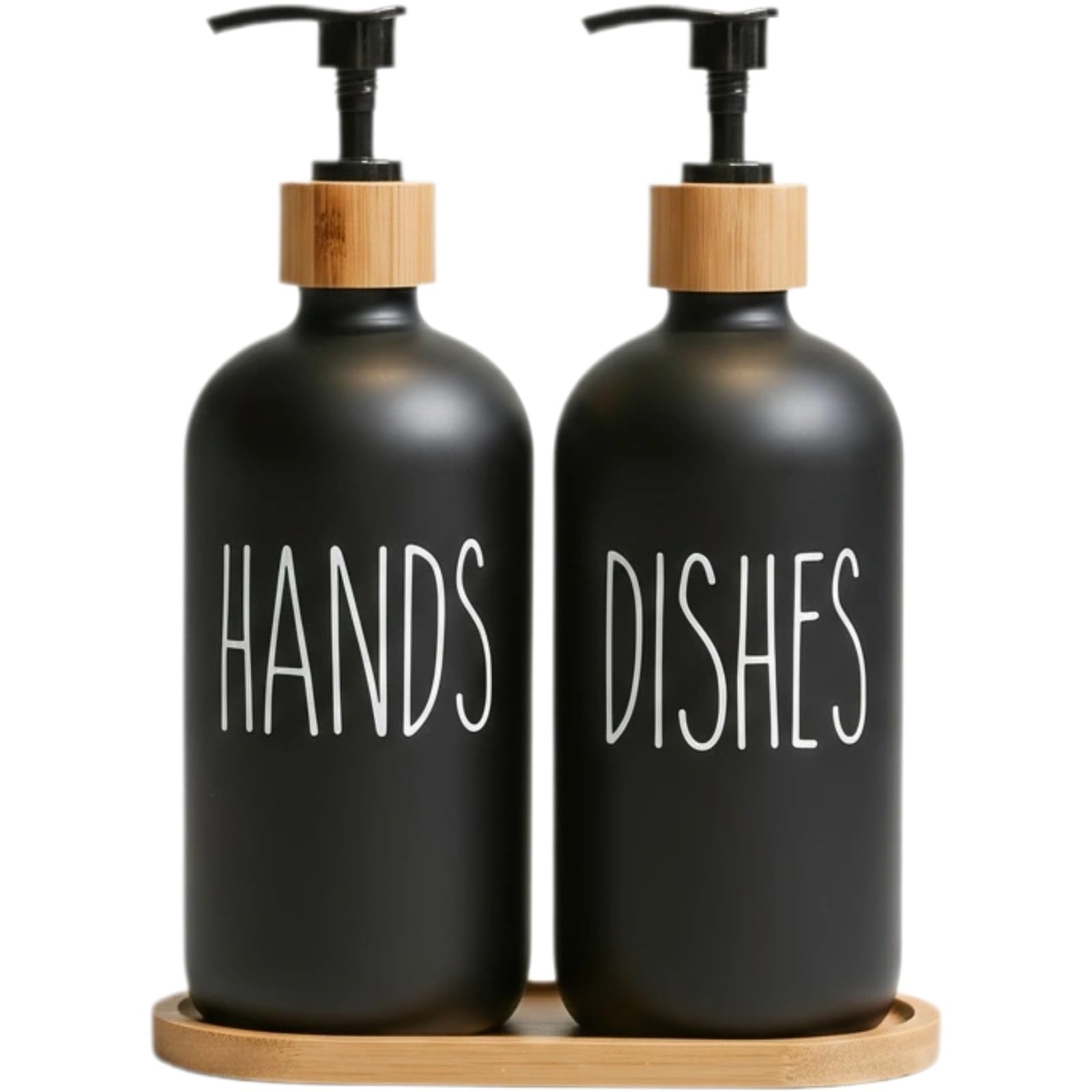 Set dispenser di sapone in vetro, 2 bottiglie marroni con pompa e vassoio in bambù, per cucina e bagno (Nero)