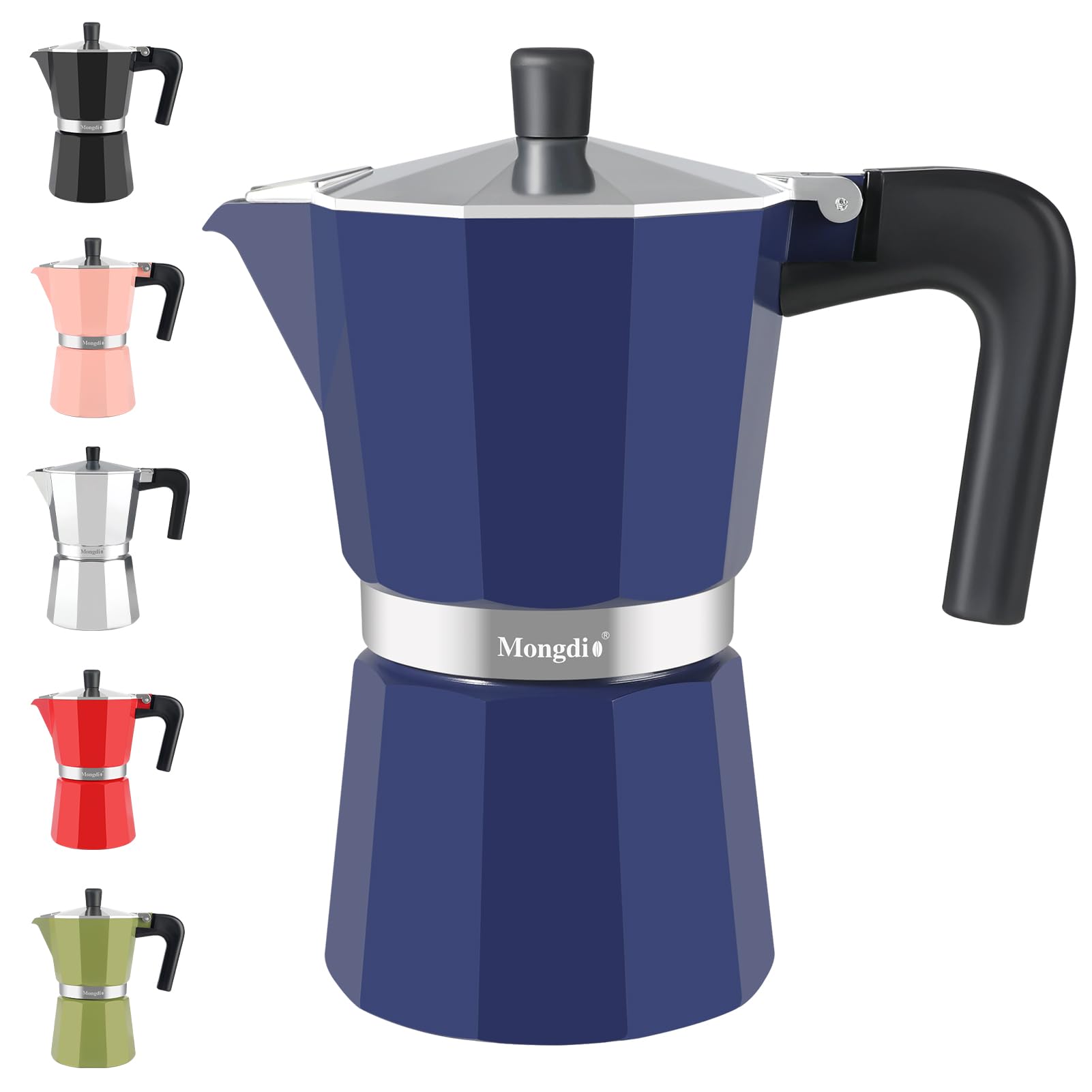 Mongdio Stovetop Espresso Maker Moka Pot, Stove Top Cuban Coffee Maker, Italian Greca Mocha Pot, 9 Espresso Cups, 15 oz - Blue