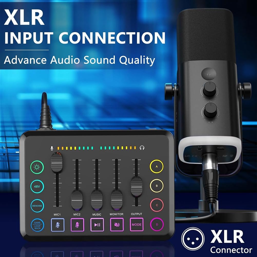 Mixer audio per gaming, mixer per PC streaming RGB con interfaccia microfono XLR, controllo volume, alimentazione phantom da 48 V per podcast