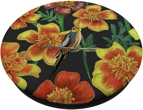 Miniatura 2 de Cockatiel Yellow Orange Marigolds Vintage Plant Pattern PopSockets Standard PopGrip