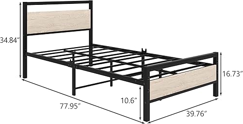 Miniatura 2 de HOJINLINERO Marco de cama individual con cabecera de madera, marco de cama de metal con plataforma individual, no necesita somier, listones de acero