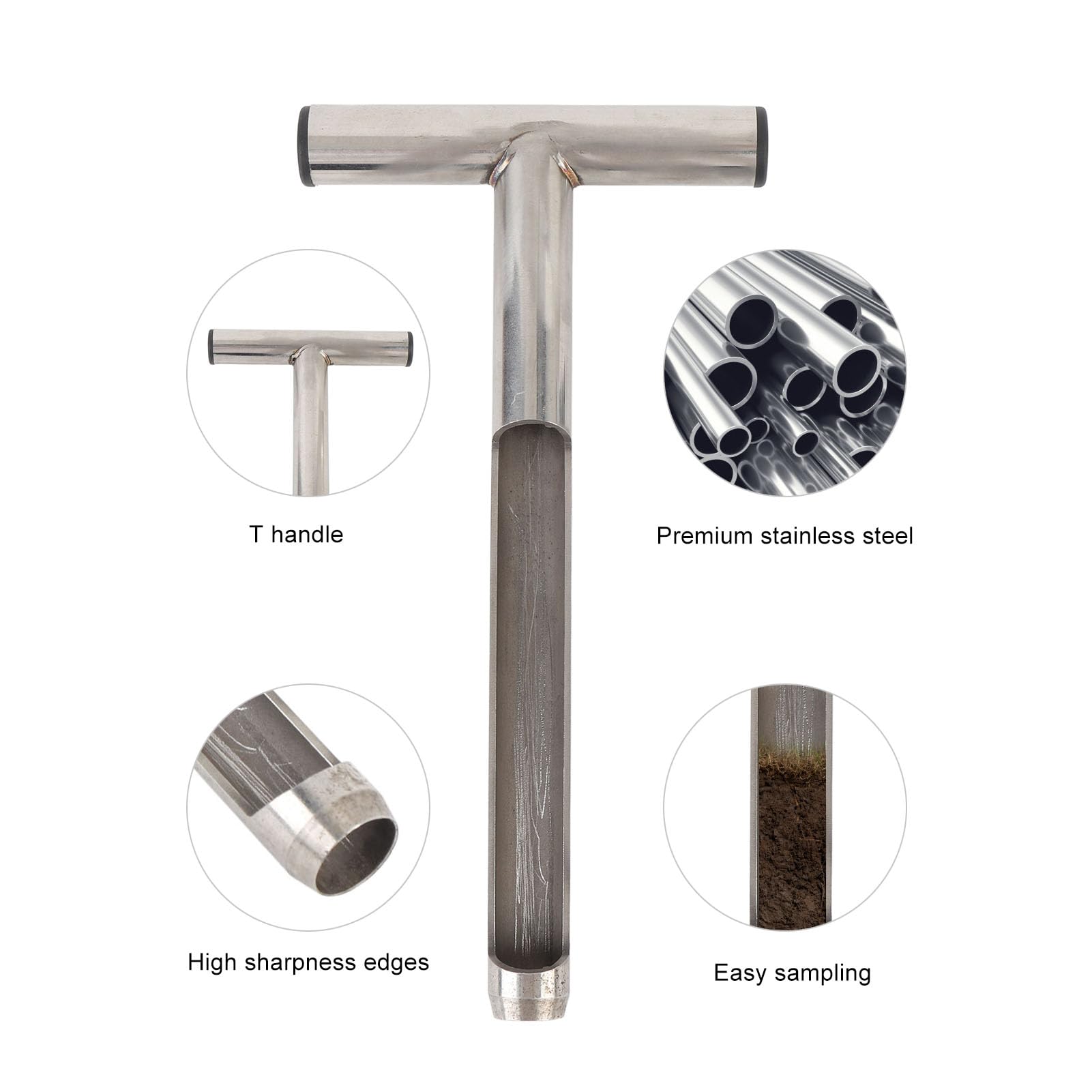 Sonde d'échantillonnage de sol à poignée en T,Kit de test d'échantillonnage de sol en acier inoxydable Sonde de sol avec 2 sacs d'échantillonnage pour l'entretien de la pelouse le jardin et la ferme