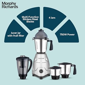 Morphy Richards Icon 750 Watts Mixer Grinder | 4 Stainless Steel Jars (Including Juicer) | 3-Speed Control with Pulse | | Silver & Black
