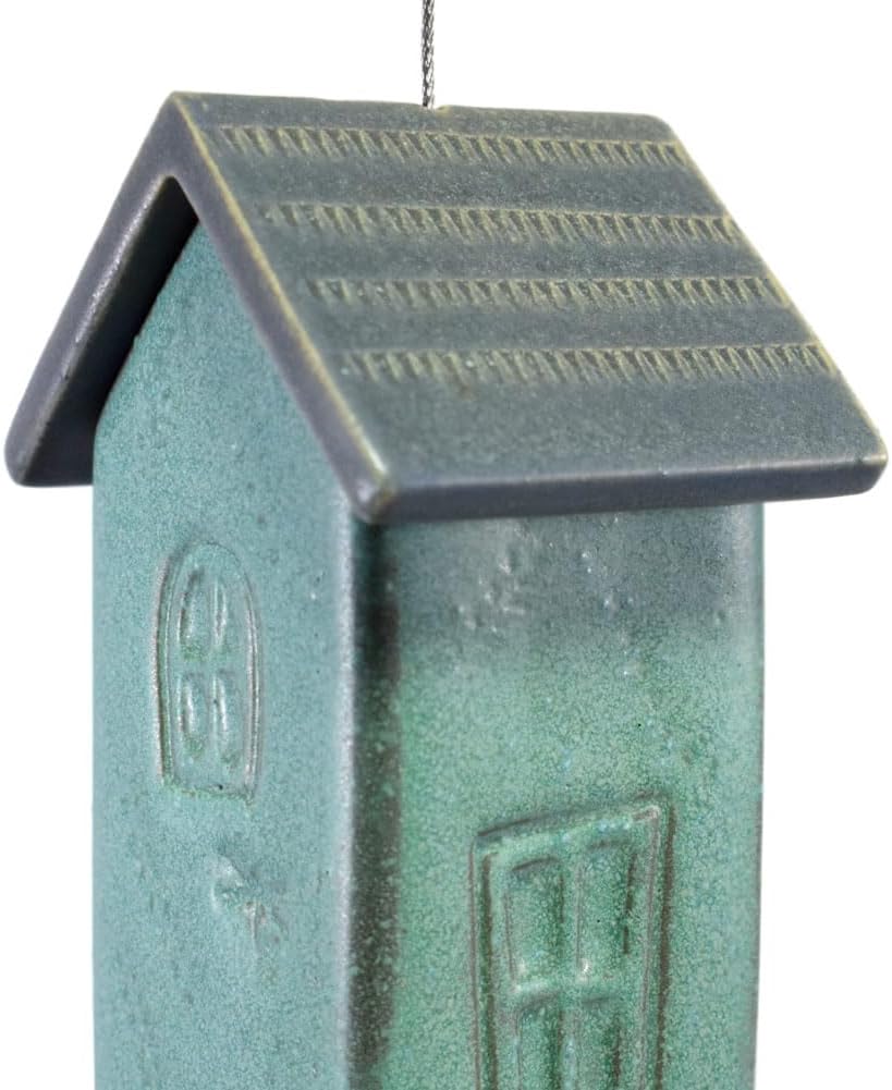 American Made Stoneware Cottage Hanging Bird Seed Feeder: Hand-Thrown Frost-Proof Stoneware Pottery (Agave Green)