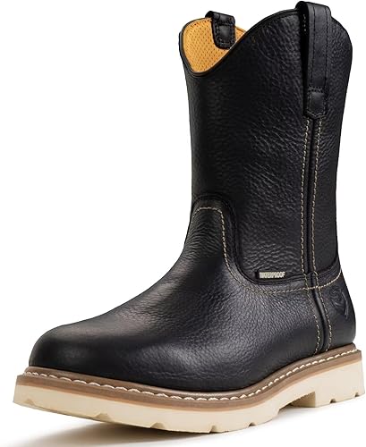 SUREWAY Botas de trabajo Wellington impermeables de 10 pulgadas para hombre, con punta de acero, cuero de caballo loco de grano completo, botas de