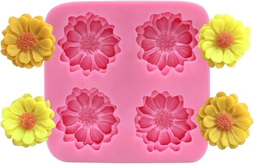Miniatura 4 de Molde de silicona para pastel de fondant de flores de margarita de crisantemo, 4 cavidades de chocolate, dulces, azúcar, cupcakes, galletas, molde