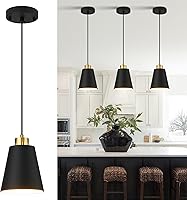 Vista 1 de Matte Black Mini Pendant Light 7.87in Cone Kitchen Island Pendant Lighting with Gold Modern Hollow Shade Hanging Light Fixture for Kitchen Dining