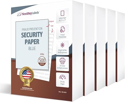 NextDayLabels Blue Security Paper Multi-Purpose UNAUTHORIZED COPY Fraud Prevention Laser & Inkjet Printer Compatible 8.5" x 11 24 lb 500 Sheets Case of 2,500