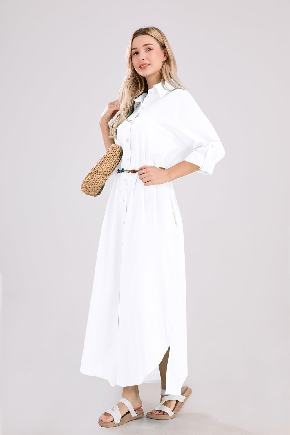 utcoco Summer Dresses for Women 2025 Casual Loose Split Long Sleeve Button Down Maxi Shirt Dress - Image 6