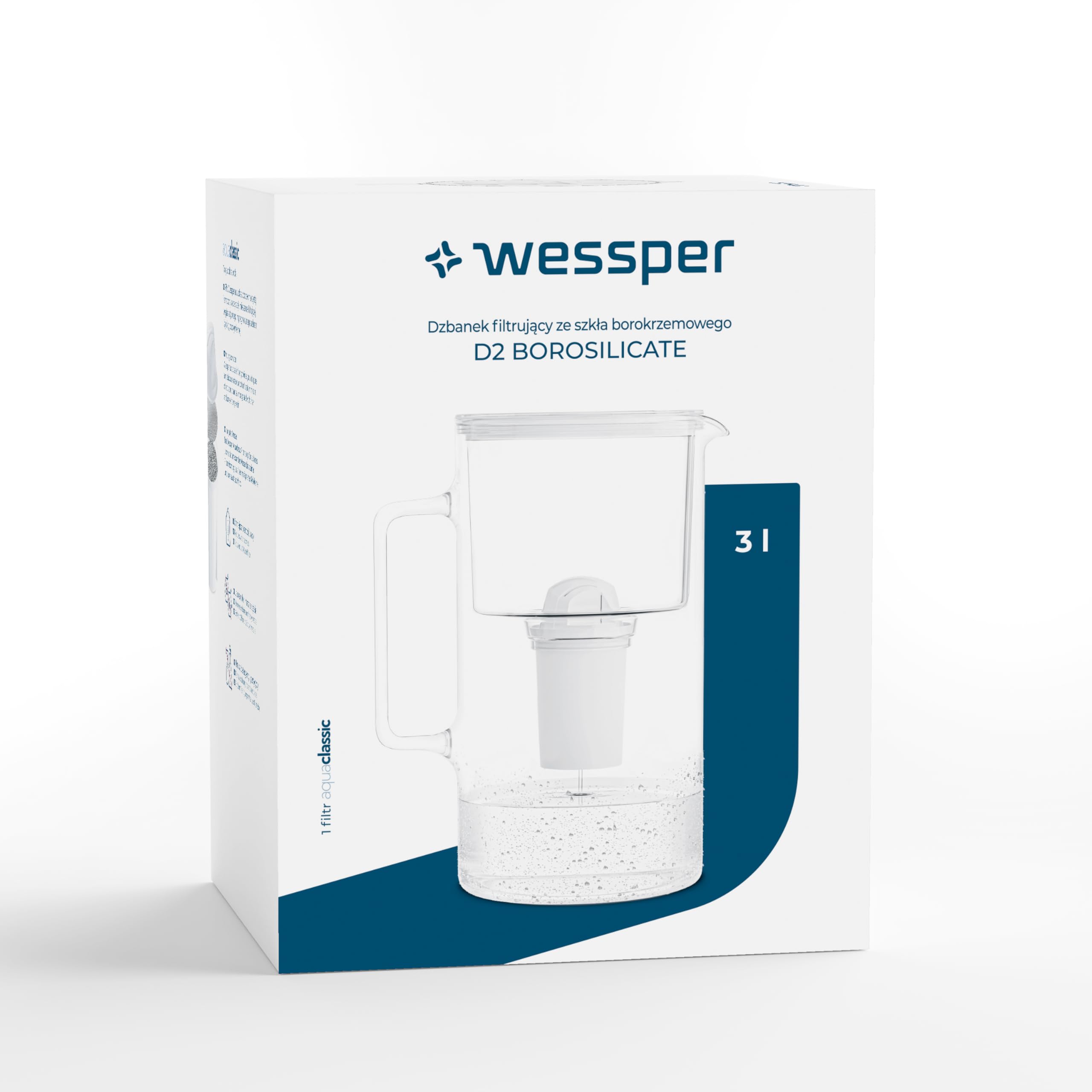 Wessper Jarra Filtradora de Agua de Vidrio 3 L | Reemplazo para Aquaphor Standard, Brita Classic, Dafi Classic | 1 Filtro de Agua AquaClassic + 5 Filtros ActiveDisc | Gris