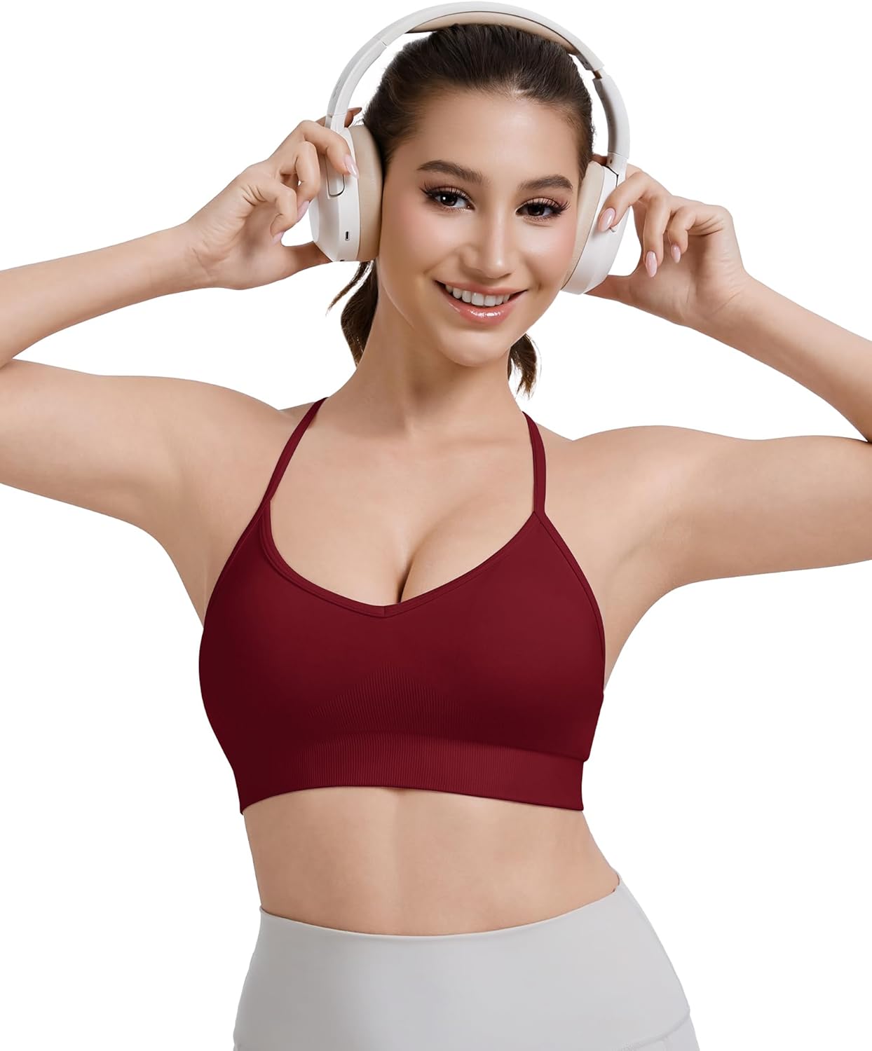 VEQKING Adjustable Sports Bras for Women, V Neck Cross Back Strappy Spaghetti Straps Padded Yoga Bra, 3 Pack