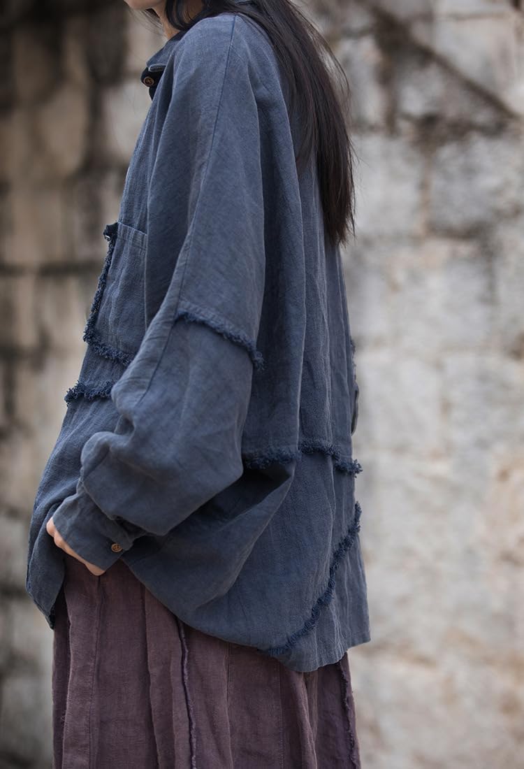 Women's Plus Size Linen Shirt Cotton Long Sleeve Button Down Blouse Loose Fit Casual Top with Pocket - Image 5