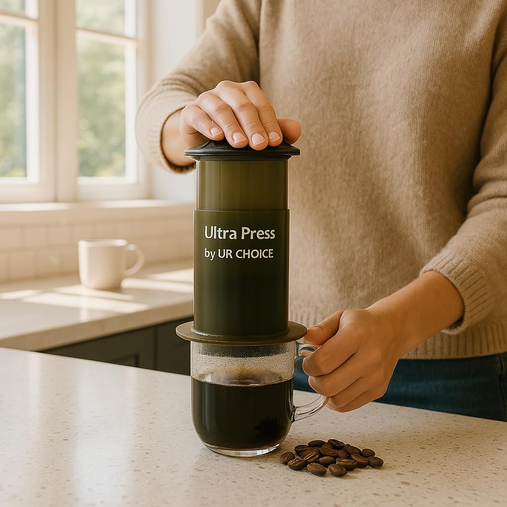 UR CHOICE Caffettiera portatile – Macchina da caffè compatta 3 in 1 per viaggi, campeggio e uso quotidiano | Microfiltrazione di precisione, nessun sapore amaro | Pressa per caffè leggera e resistente