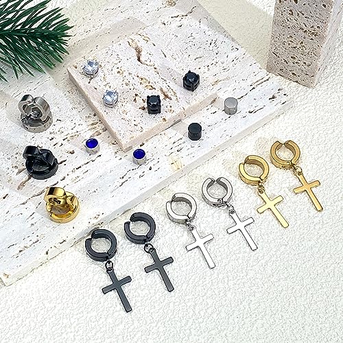 Magnetic Earrings - 15 Pairs Clip On, Non-Pierced, Fake Earrings - Black Cross Hoop Dangle for Men & Women3