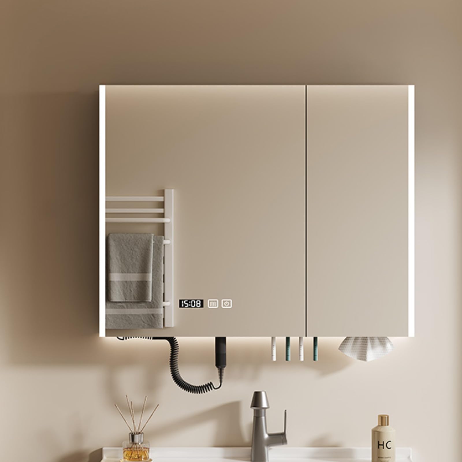 Multifuncional Armario con Espejo for Cuarto de Baño,Armario de Pared Rectangular Antivaho,Gabinete De Espejo De Tocador De Baño Montado En La Pared con visualización de la hora,agujero de papel,estan