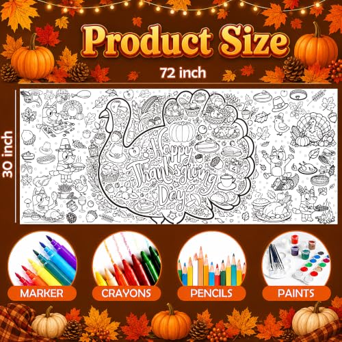 Image of Thanksgiving Giant Coloring Poster /Tablecloth -Thanksgiving Crafts for Kids | 30 x 72 Inches Jumbo Thanksgiving Coloring Banner - Kids Crafts Activities Gifts Games Party Favors Birthday Decorations