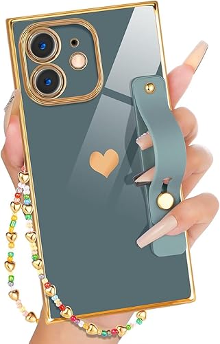 Petitian Funda cuadrada para iPhone 11 con lazo y correa de lujo, linda, diseño galvanizado con diseño de corazón para mujeres y niñas, diseño con Petitian Funda cuadrada para iPhone 11 con lazo y correa de lujo, linda, diseño galvanizado con diseño de corazón para mujeres y niñas, diseño con