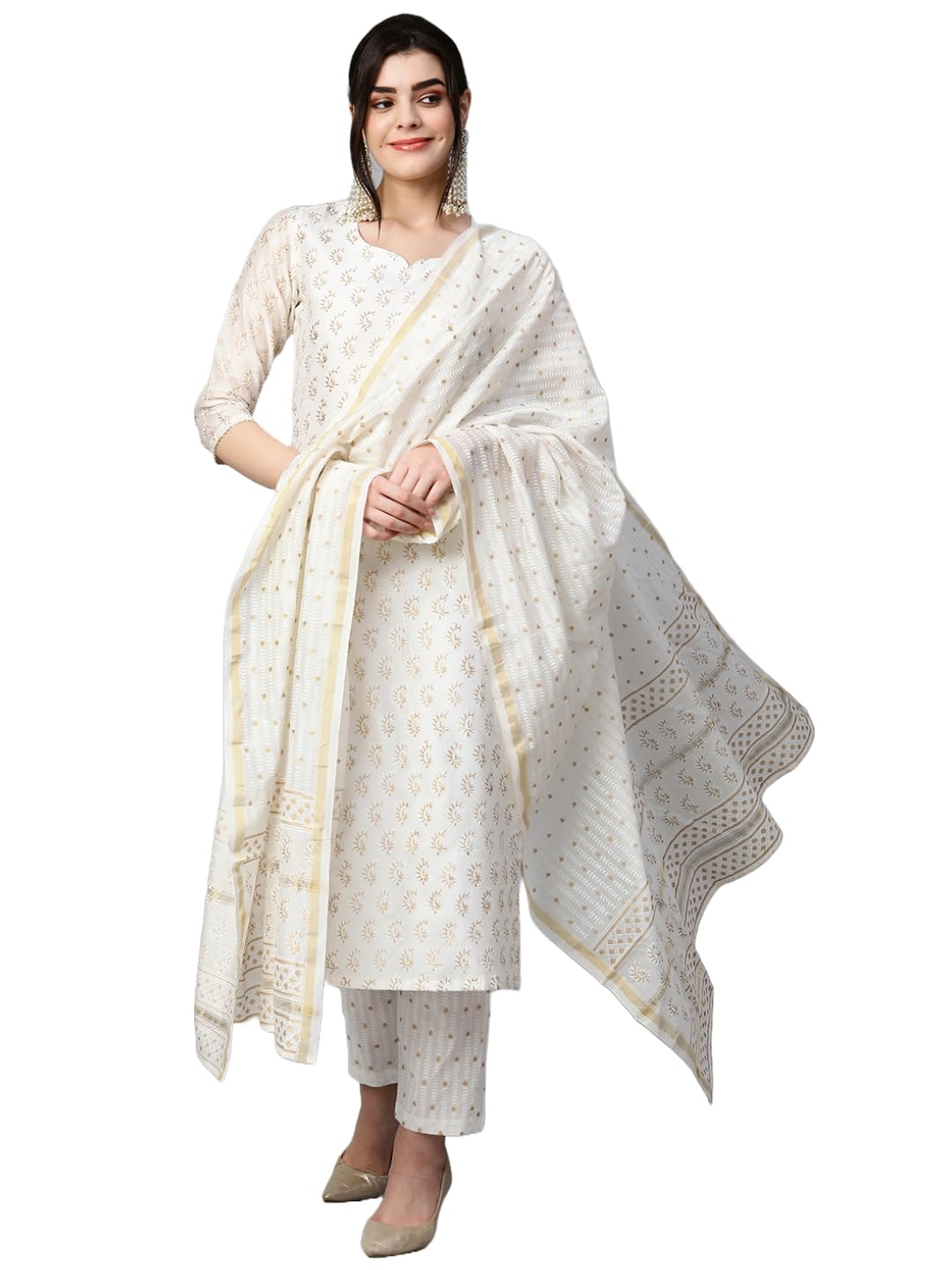 Women's Chanderi Cotton Straight Printed Kurta with Pant & Dupatta-image-35