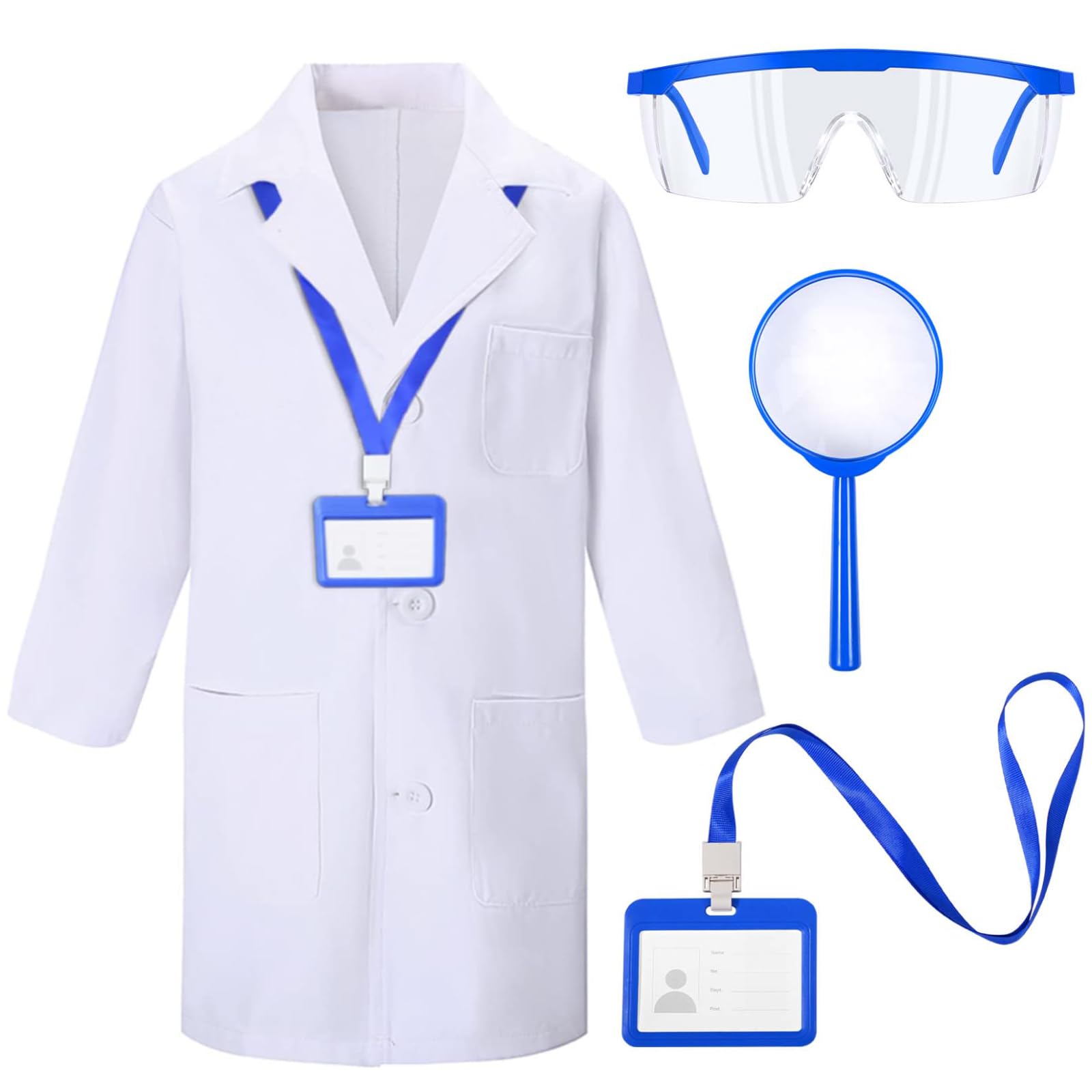 Kavoc 4Pack Science Lab Coat with Googles ID Card Magnifying Glass for Role Play Costume Accessories (L)