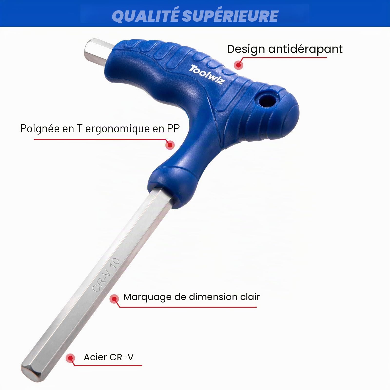 Toolwiz Jeu de 14 cle a laine à poignée en T, jeu portable de clés cle torx métriques 2,5 mm à 10 mm et SAE 1/8" à 3/8", acier CR-V pour ateliers de réparation de vélos et motos 4S