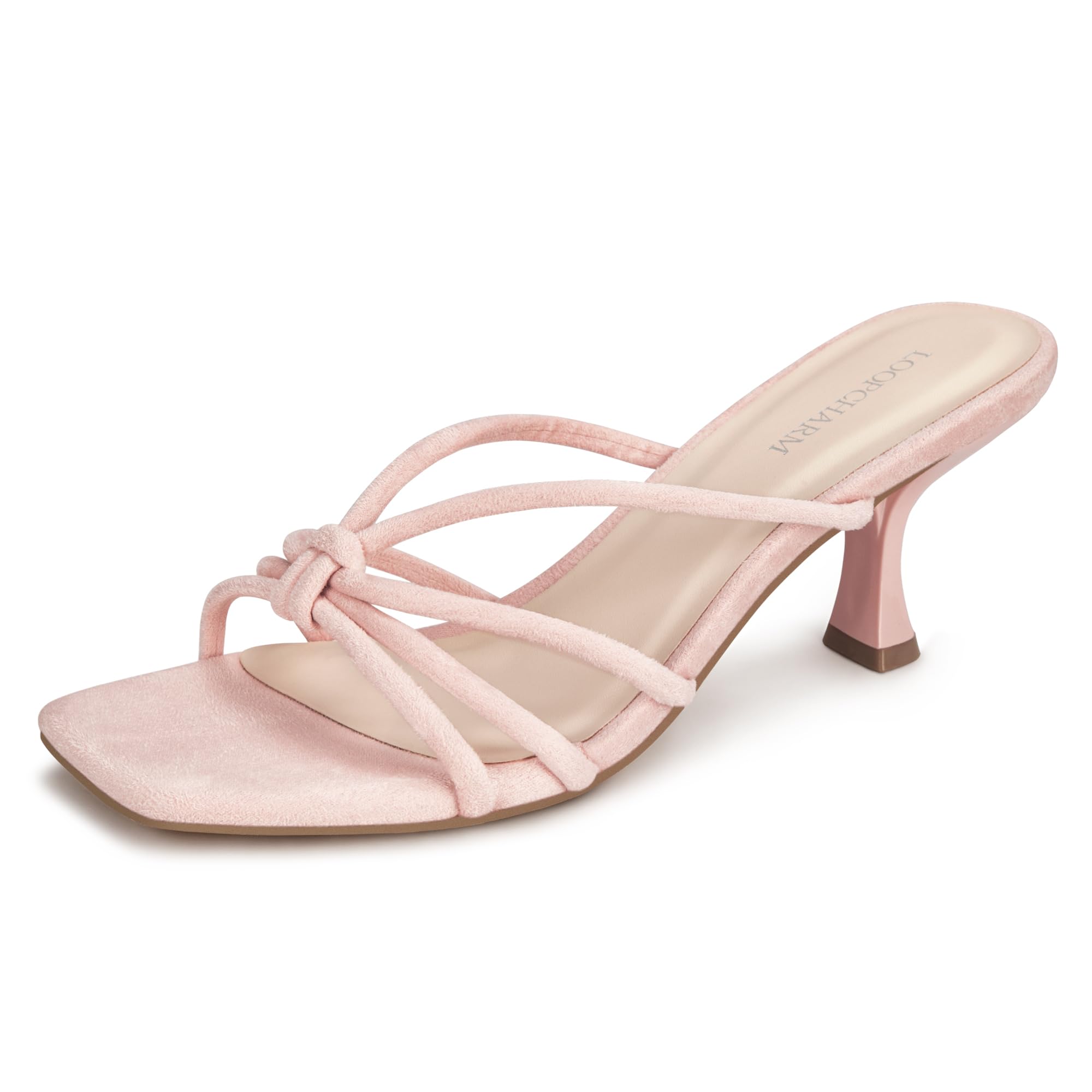 LOOPCHARM Women's Strappy Square Open Toe Kitten Heels Sandals Knotted Design Summer Fashion Slip On Mule Style