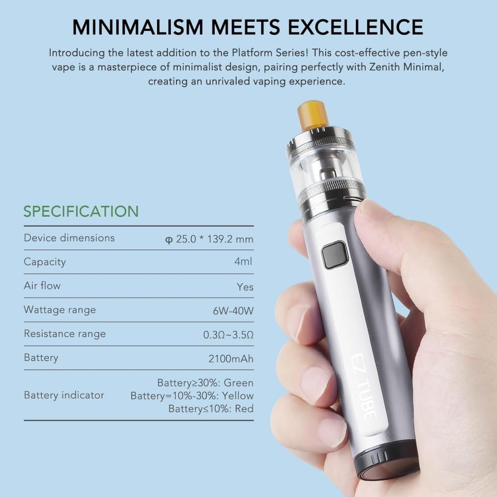 In-nokin EZ Tube Kit Zenith Minimal Tank 40W Vape (Brillo plateado)  Batteria 2100mAh 4ml compatibile con Z Coil 0.3/0.8 MTL/RDL Drip Tip  Sigaretta Elettronica Originale - Sans Nicotine : Amazon.it: Elettronica