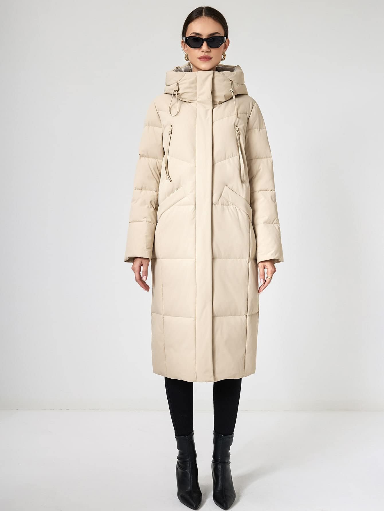 LETISR Zip Up Drawstring Hooded Puffer Coat (Color : Beige, Size : XX-Large)