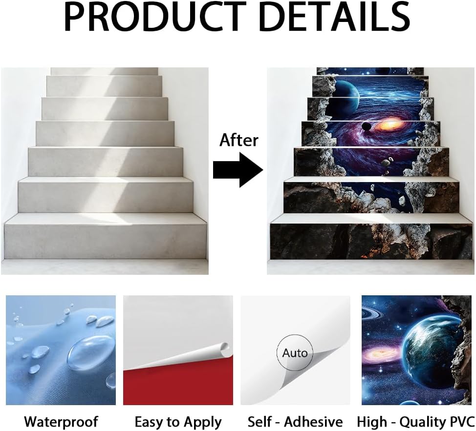 Hpbbspring 15Pcs Staircase Stickers Galaxy Space Planet Tile Stickers Beauiful Universe Self-Adhesive Water Proof Staircase Decor for Steps Garden Coffee Pubs 39.3" W x 7.08" H