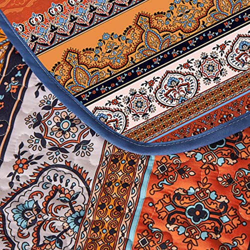 Boho Quilt Set King Size, Reversible Bohemian Striped Quilt Bedding Set Colorful Blue Orange Bedspread Soft Lightweight Microfiber Coverlet 3 Pieces (1 Quilt 104"X90" + 2 Pillowcases) All Season #TOP4