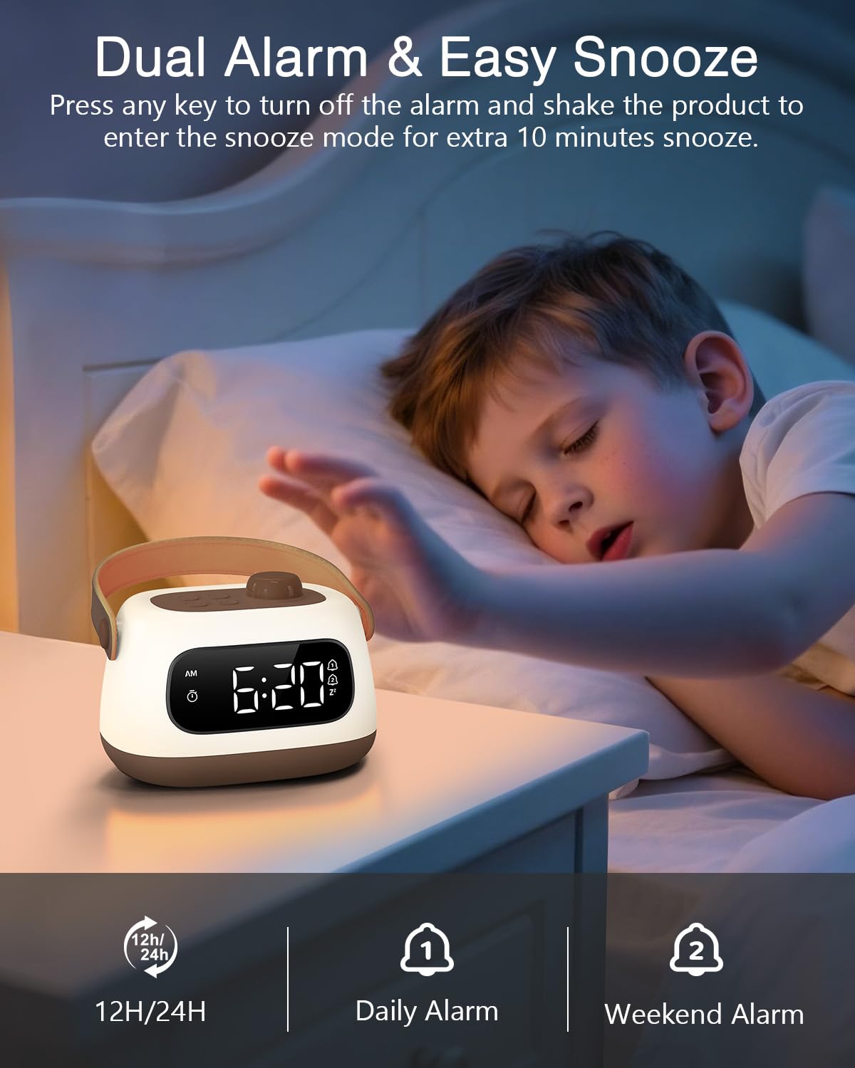 ORIA Nachtlicht für Kinder, LED Lichtwecker mit Doppelalarme, Stufenloses Dimmen, Countdown, Snooze, Nachttischlampe für Kinderzimmer, Babyzimmer, Schlafzimmer