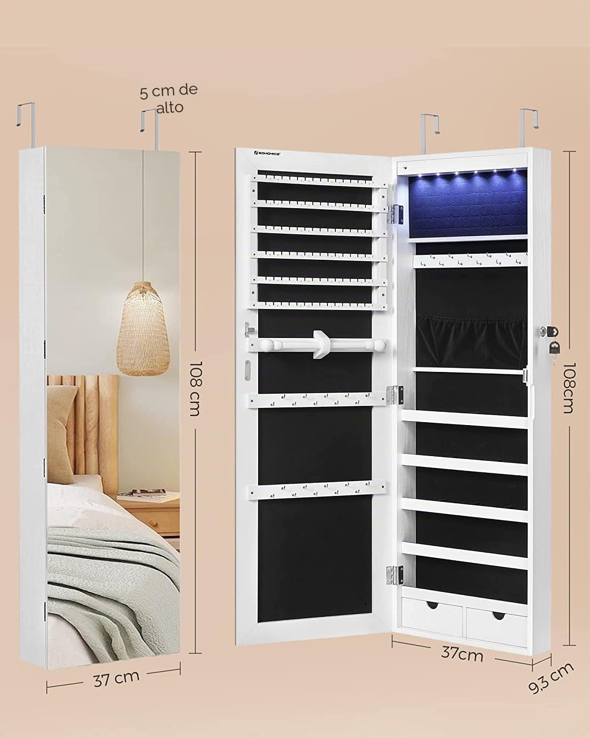 SONGMICS Espejo Joyero de Pared, Espejo Joyero Colgante sin Marco, Armario de Joyas con 6 LEDs para Colgar en la Pared o en la Puerta, Gran Capacidad con 2 Cajones, Blanco JJC99WT