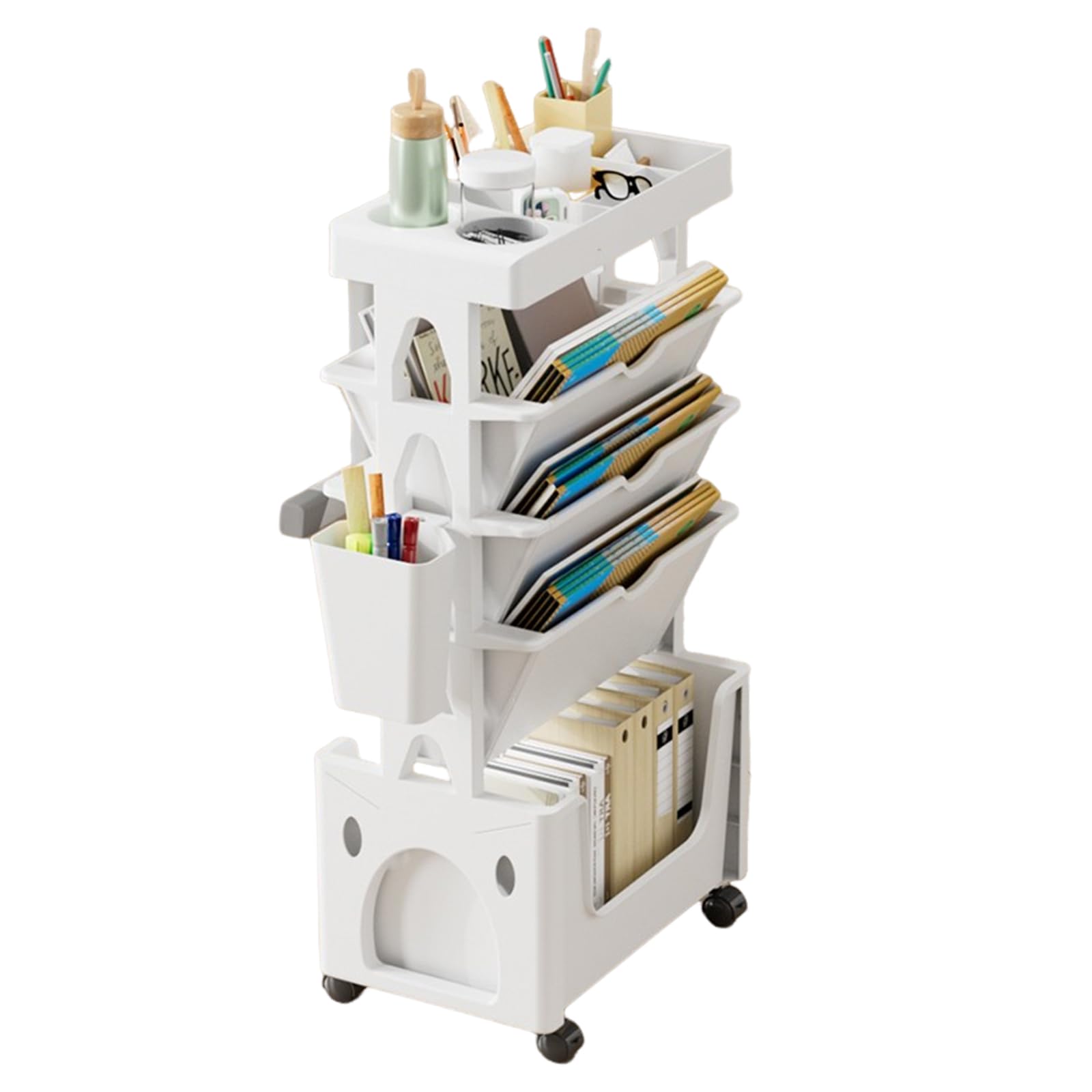 Mobiles Bücherregal mit Rollen, Beweglicher Bücherregalwagen, 5 stufiger Rollwagen mit Rädern, Herausziehbarer Rollwagenfür Büro Küche Schlafzimmer Badezimmer (Weiß), TTJ0698
