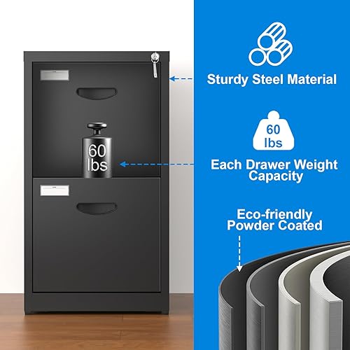 Miniatura 9 de Archivador de metal con cerradura, archivadores verticales con 2 cajones, gabinete de archivo de bloqueo negro para oficina en casa, gabinete de