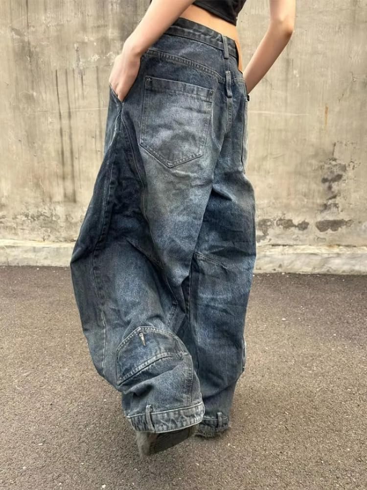 Unisex Fashion High Waist Straight Baggy Jeans for Women Vintage Gothic Leg Drawstring Y2K Scrawl Denim Pants