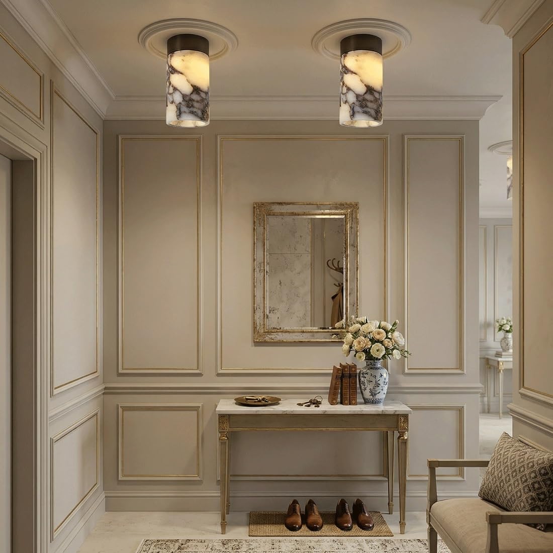Minimalistyczna luksusowa lampa sufitowa w stylu kamienia, elegancki ekran cylindryczny ze sztucznym marmurem teksturą, wyrafinowany przezroczysty wzór kamienia, wpuszczana oprawa oświetleniowa do