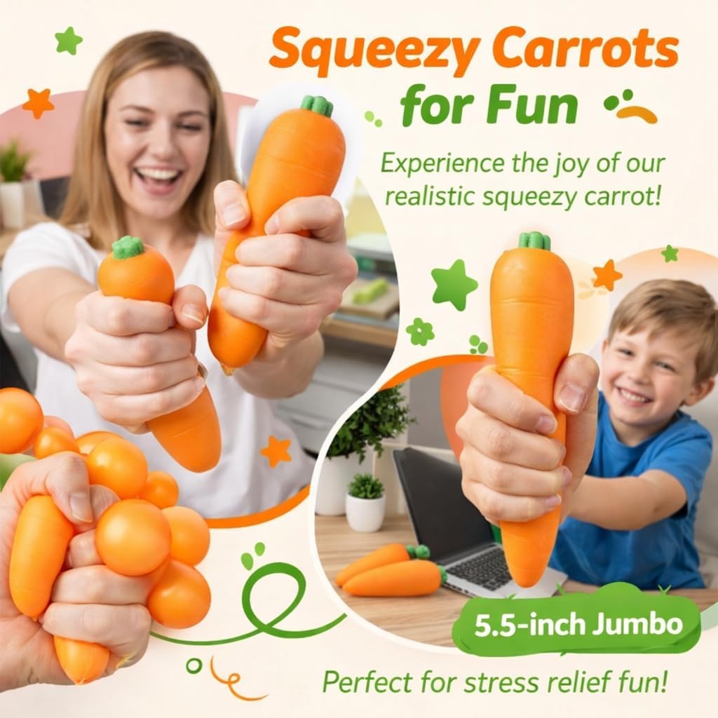 Squeezy Carrot, Realistic Carrot Squishy Jumbo, Giant Carrot Stress Relief Toy, 5.5 Inch Slow Rising Squeeze Carrot Fidget Ball, Portable Anxiety Relief Tool & Cute Desk Decor (3pcs)