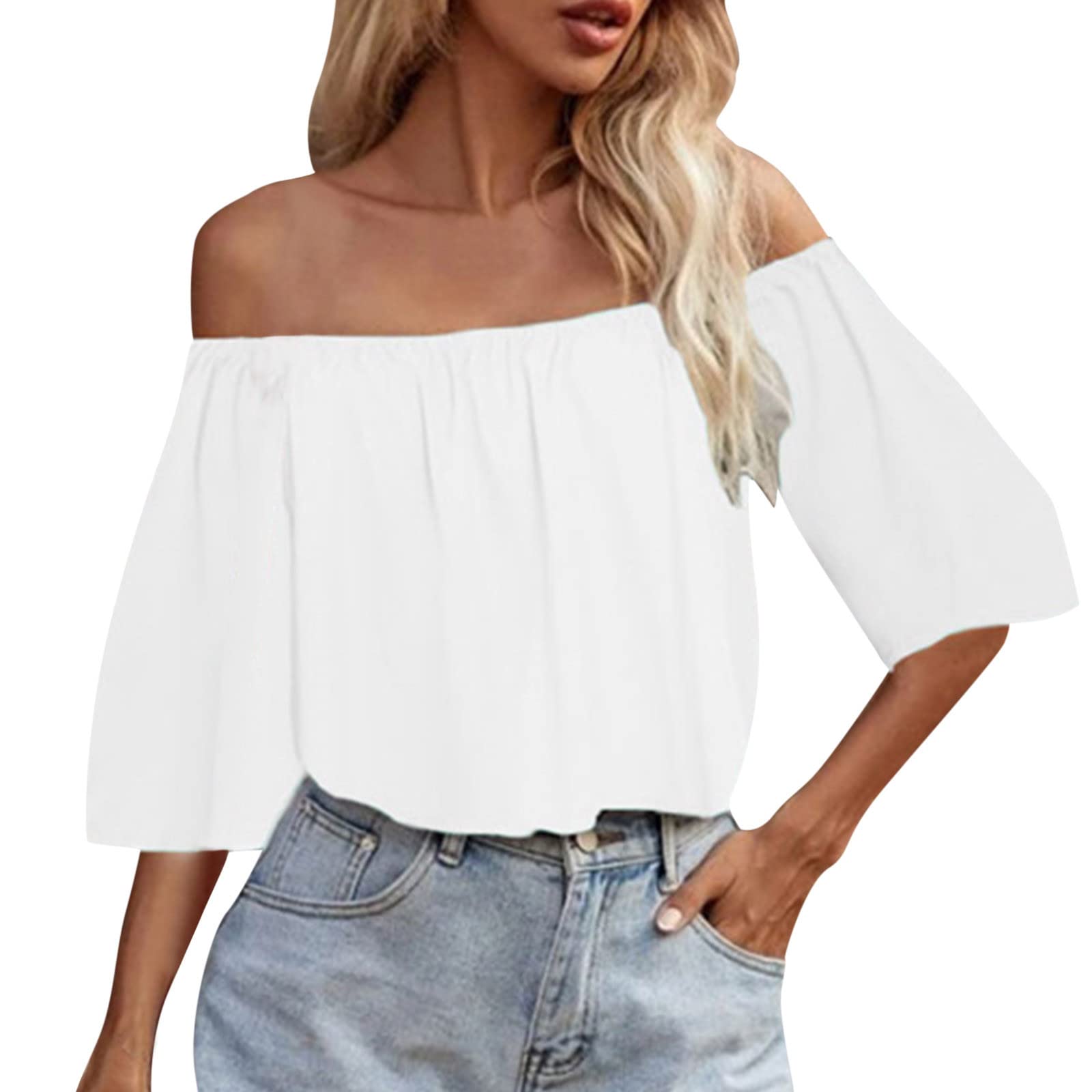 VEMOW Camisa Camiseta Mujeres Sexy con Hombros Descubiertos Sexy Raya Blusa Casual Top Shirt Verano de Estampado de Flores Manga Larga Multicolor Tops TeñidoTops con Manga de Linterna