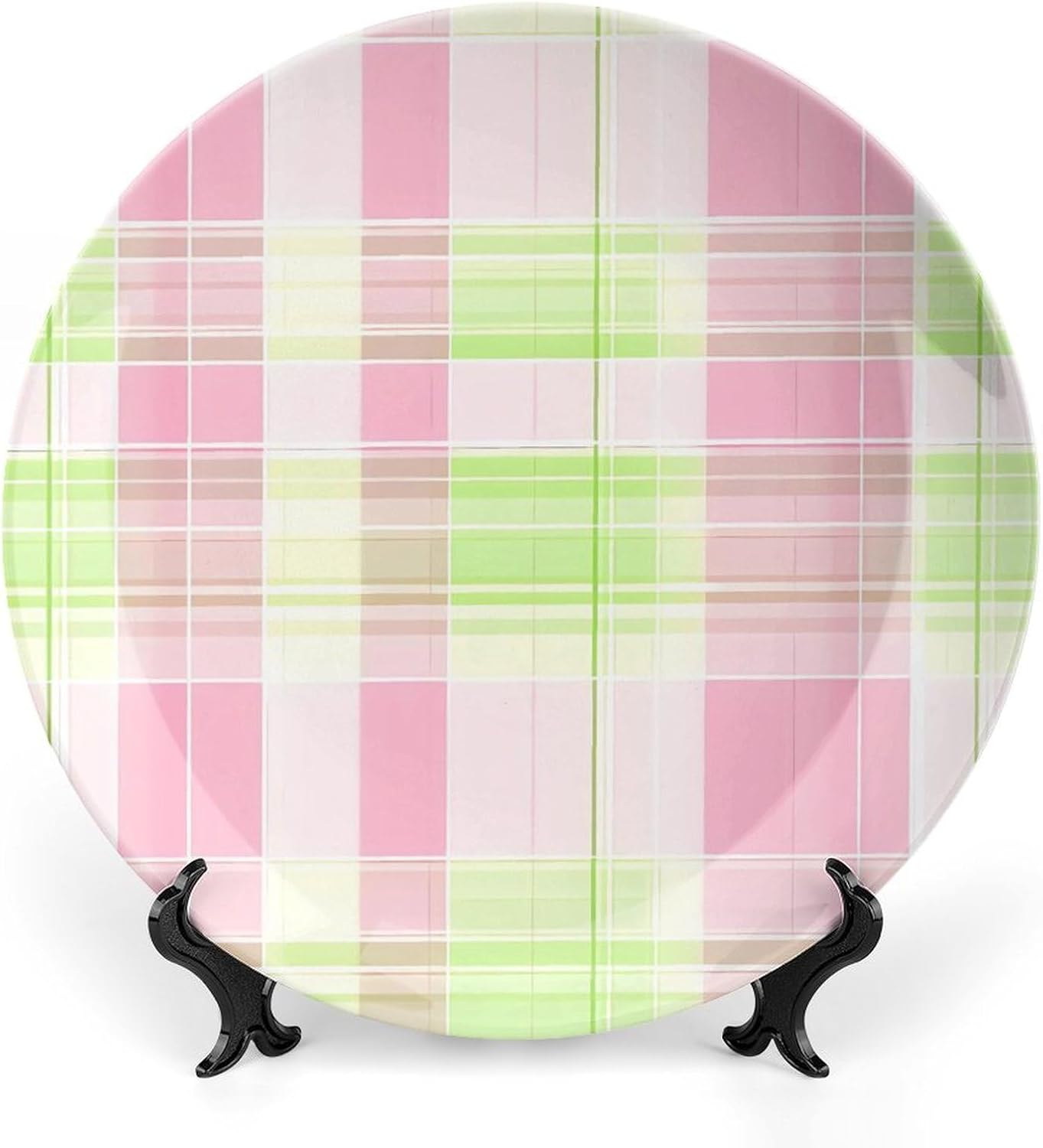Green Pink Plaid Bone China Decorative Plate with Stand Home Dessert Plates Gift for Men Women 6inch