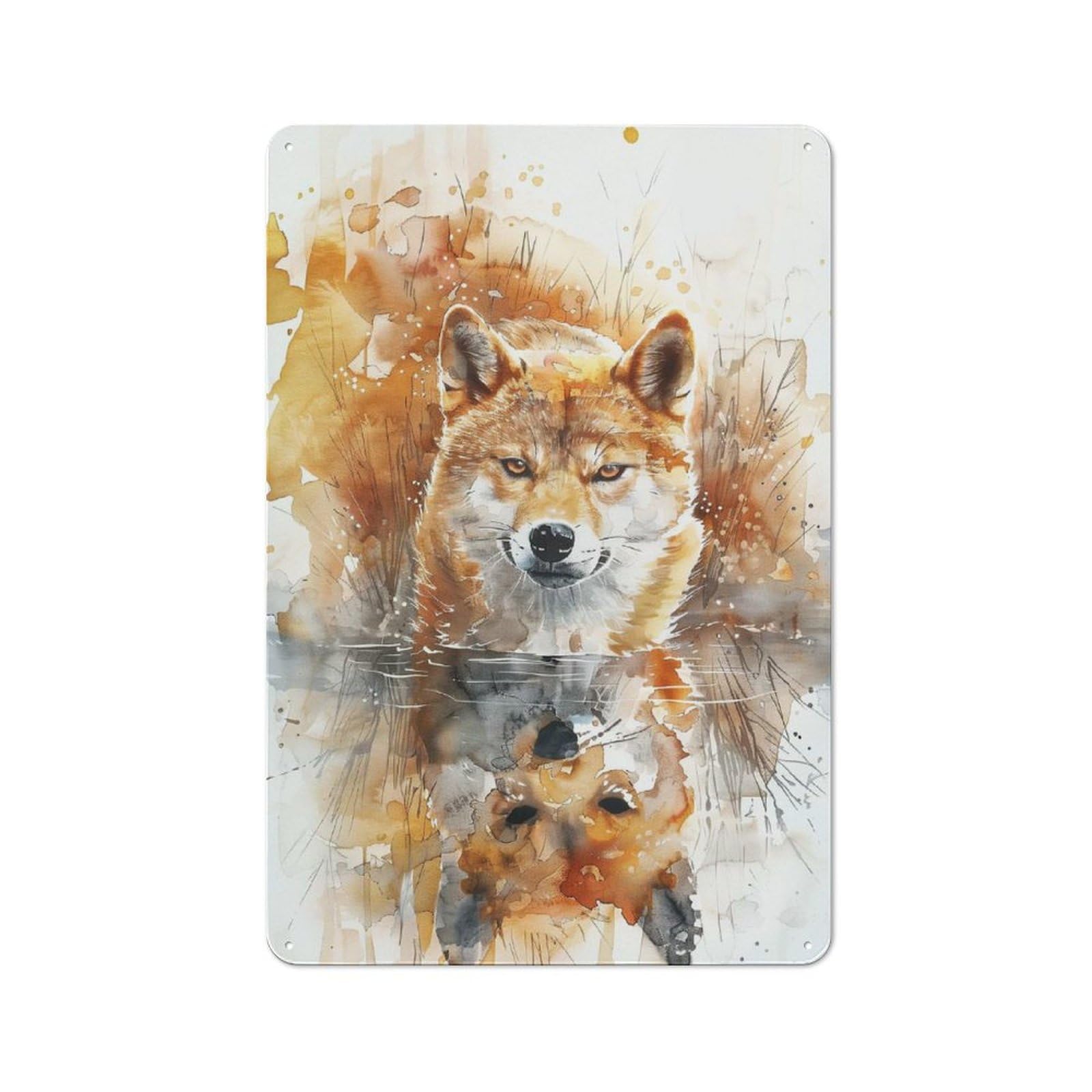 Wolf Reflection Watercolor Retro Metal Plaque 30x20cm for Lounge Or Reading Corner, for Vintage Wall Decor Fans, for Themed Room Decoration