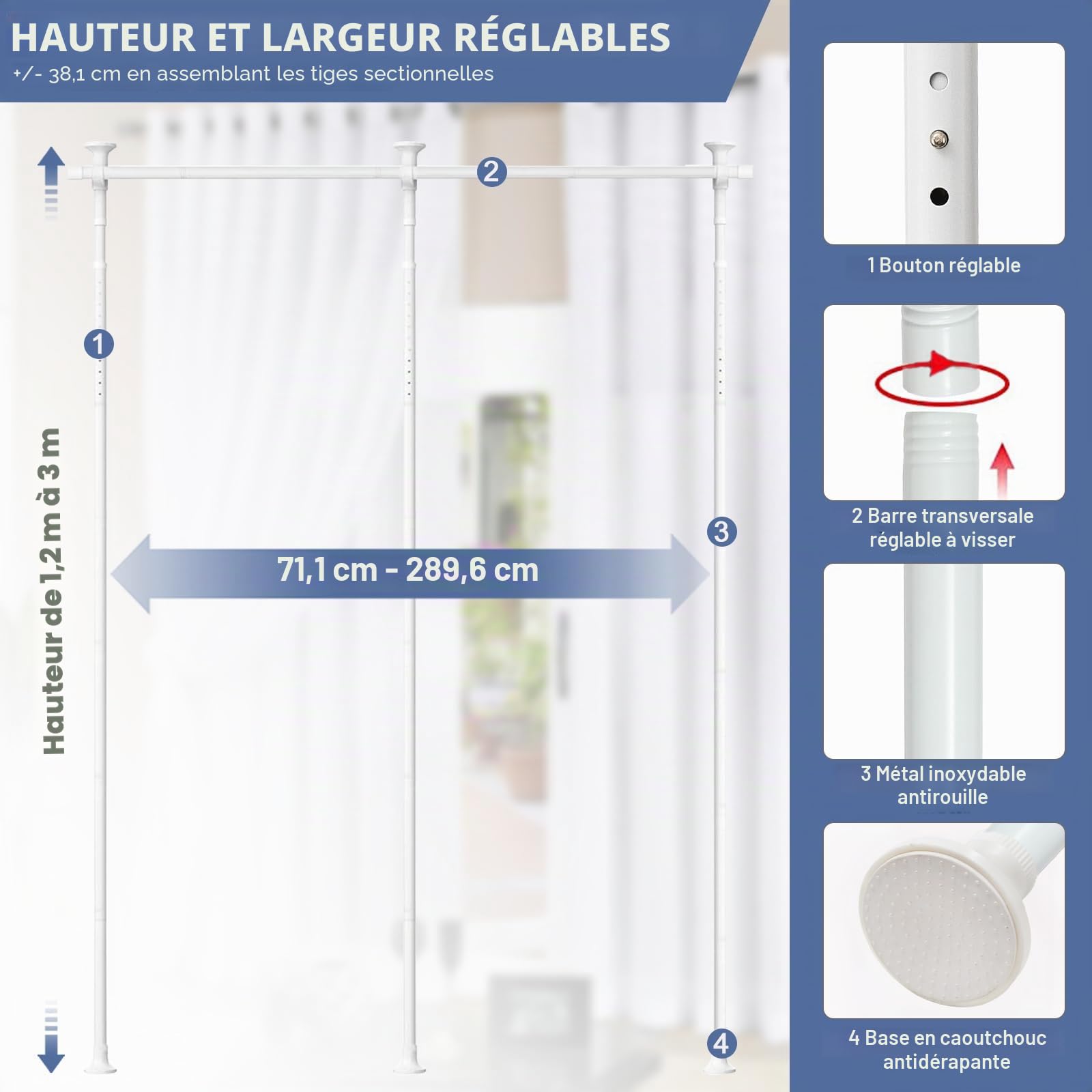 Tringle à rideaux sans perçage, 1,2 à 3 m (H) 71,1 à 289,6 cm (l) réglable et robuste – Séparateurs de pièce – Sans dommages pour cloison d'espace – Blanc