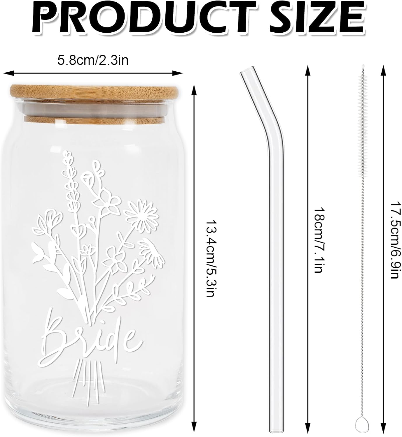 Whaline Bride Wedding Drinking Glasses 16oz Flower Glasses Cup with Bamboo Lids Glass Straw Cleaning Brushes Bride Shower Ice Coffee Cup for Cocktails Whiskey Beer Soda Wedding Gifts - Image 2