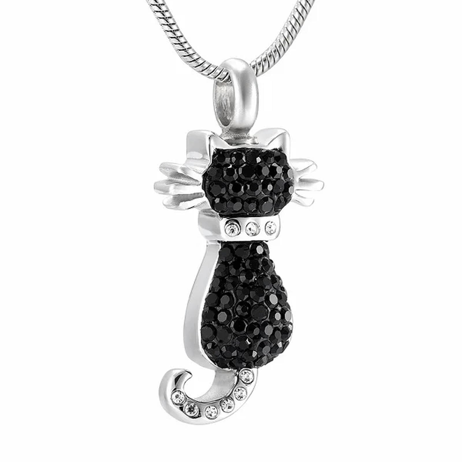 Pendentif funéraire chat en acier noir et cristal, un bijou d'urne discret