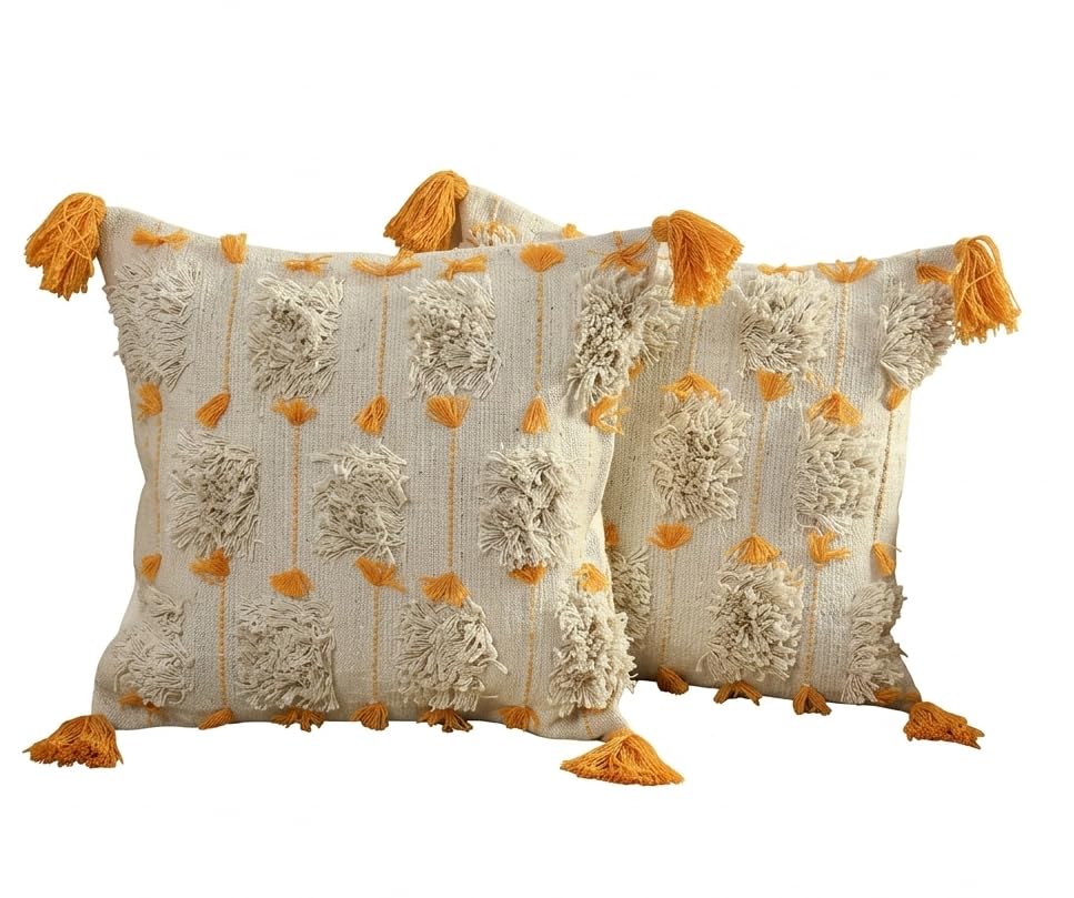 Image of Cushion Cover Pack of 4 (16x16 Inches) | Cotton Textured Decorative Throw Pillow Case for Sofa Bed Living Room Tufted Cushion Cover with Tassels (Offwhite-Yellow)