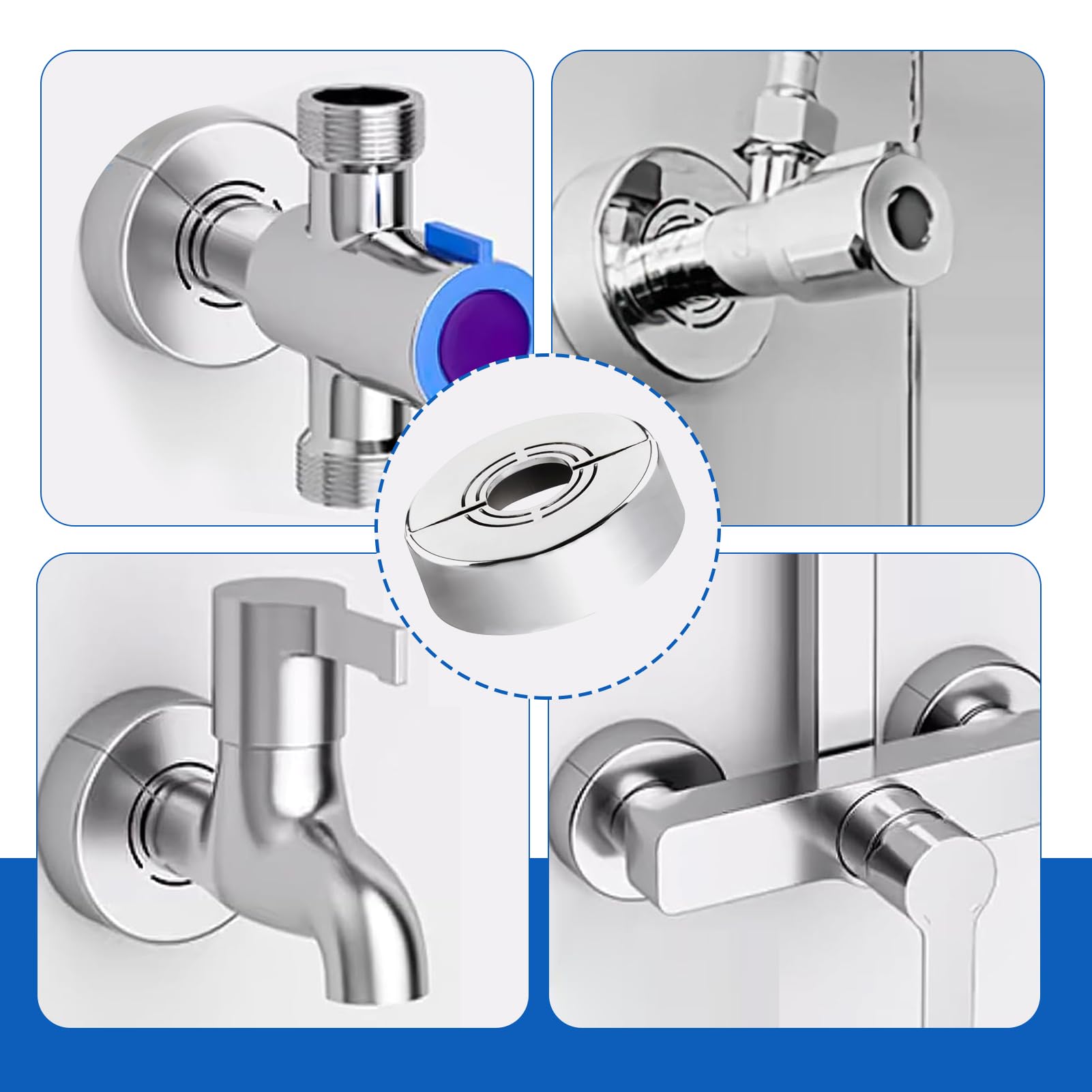 Lot de 4 Rosace Mitigeur Douche 3 Tailles en 1, Cache Tuyau Ø20/Ø25/Ø33 mm, Rosace Robinet Divisée pour Raccords de Plomberie, Accessoire Pratique pour Salle de Bain et Cuisine