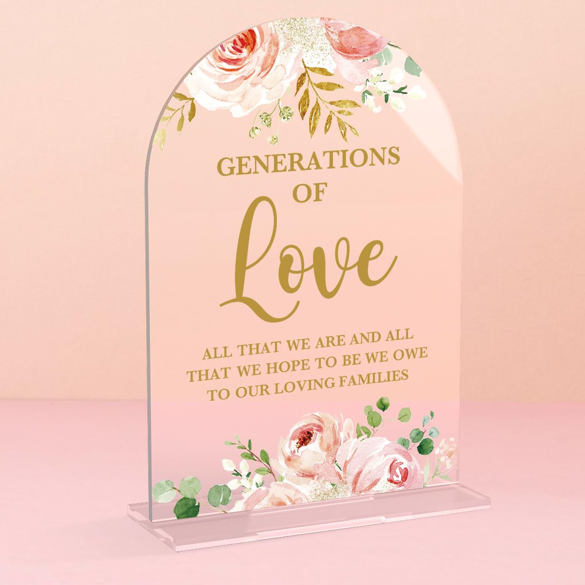 Photo 1 of **MISSING BASE**
Acrylic Wedding Signs, Bridal Shower Decorations, Modern Calligraphy Arch Acrylic Table Top Sign for Wedding Reception and Engagement Parties - Generations of Love (Clear Pink Flowers)