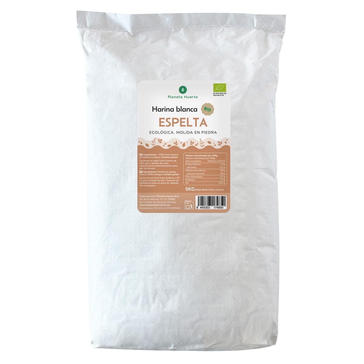 PLANETA HUERTO | Harina Blanca de Espelta Ecológica 5 Kg | Ingrediente Saludable y Versátil para Repostería y Panadería