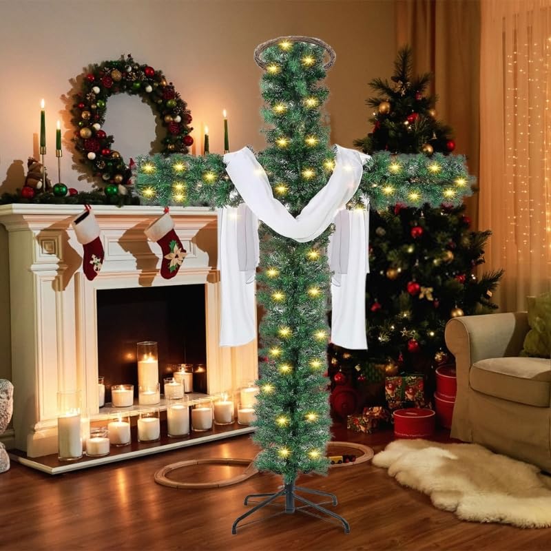 5Ft Artificial Christmas Cross Tree with a String Lights a White Silk Scarf, Christmas Easter Decors Jesus Christ Catholic Cross Decor for He is Risen Outdoor Home Decor (1.5m)