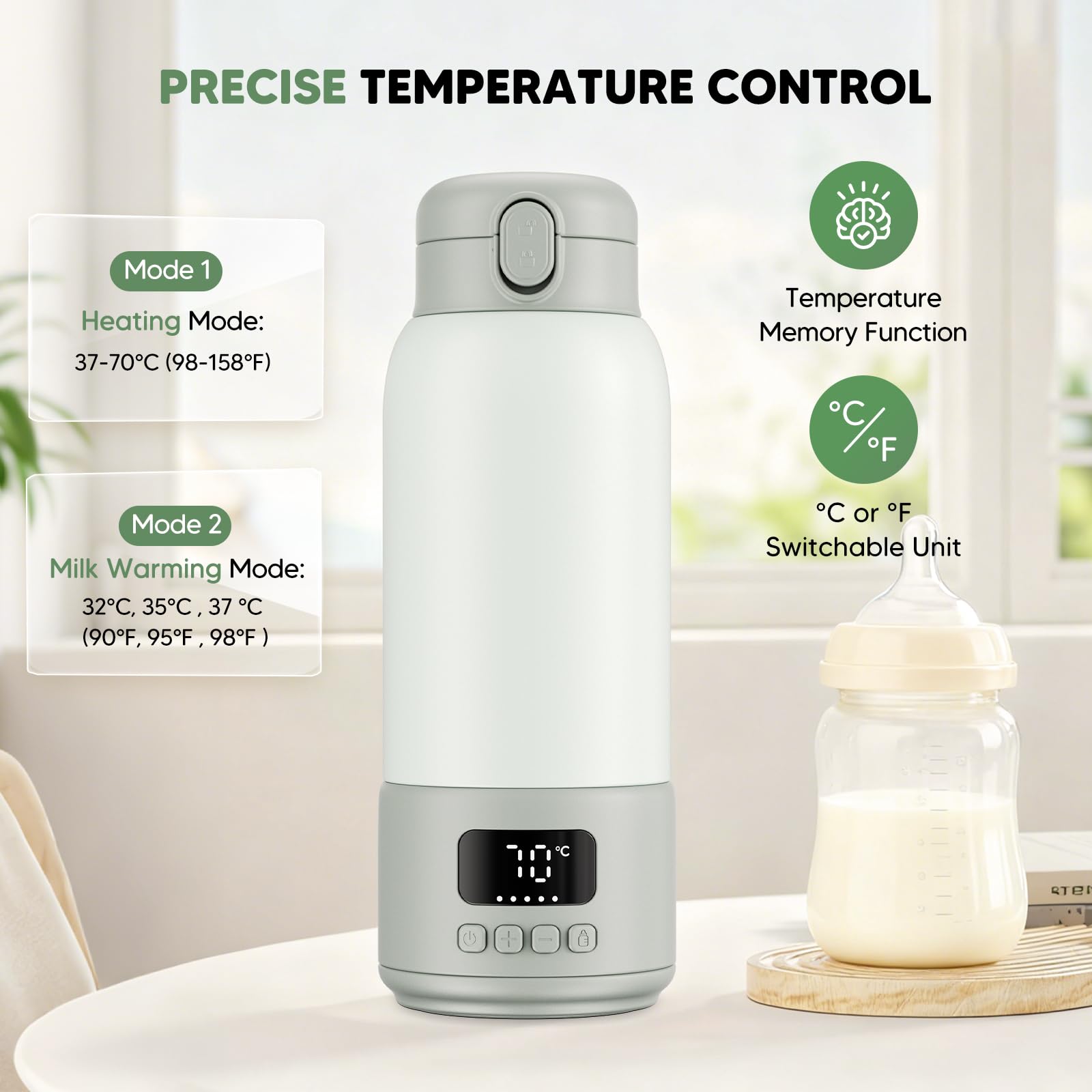 Scaldabiberon Portatile 100W – Riscaldatore Inox Isolato Sottovuoto, Accensione 80 Sec, 500ml, Batteria 16000mAh, 37-70°C Regolabile, 3 Modi Latte, Anti-Perdita – Viaggio e Casa