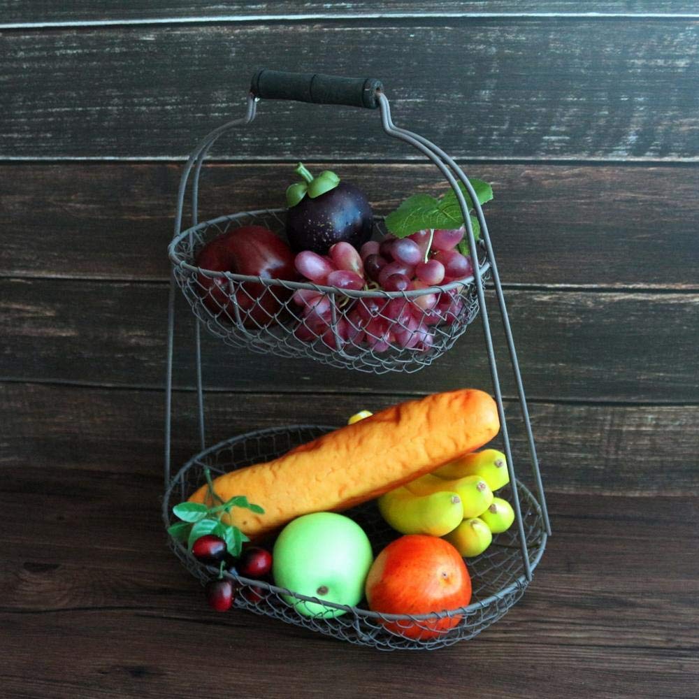 Cesto di Frutta a 2 Livelli Filo di Pollo Rustico Cesto di Frutta a 2 Livelli Cesto di Raccolta in Metallo con Manico Cesto portaoggetti in Stile Country Vintage. Arrugginito