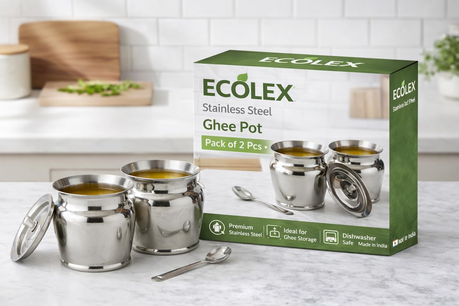 Stainless Steel Ghe Pot with Spoon and Lid - Pack of 2| 400 ML Ghee Oil Container for Pooja Items | Storage Jar for Pickle for Kitchen Cooking